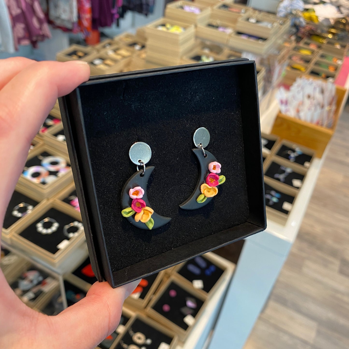 Moon Flower Earrings, black