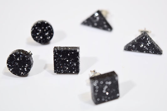 Basic Glitter Stud Earrings Black Circle