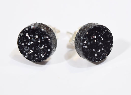 Basic Glitter Stud Earrings Black Circle